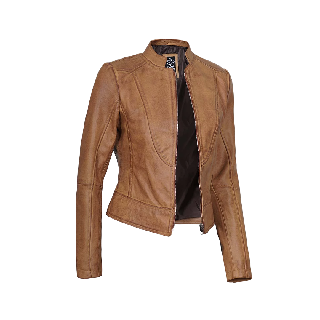 Women's Camel Brown Cafe Racer Leather Jacket