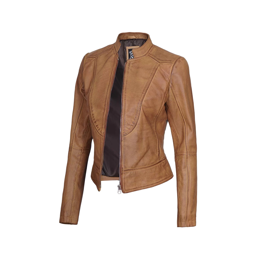 Women's Camel Brown Cafe Racer Leather Jacket