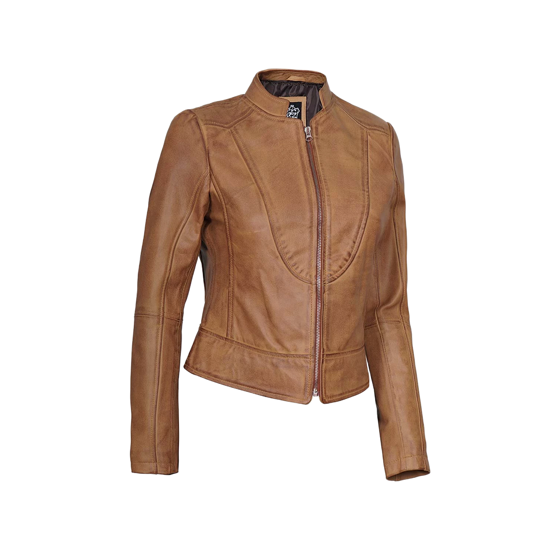 Women's Camel Brown Cafe Racer Leather Jacket