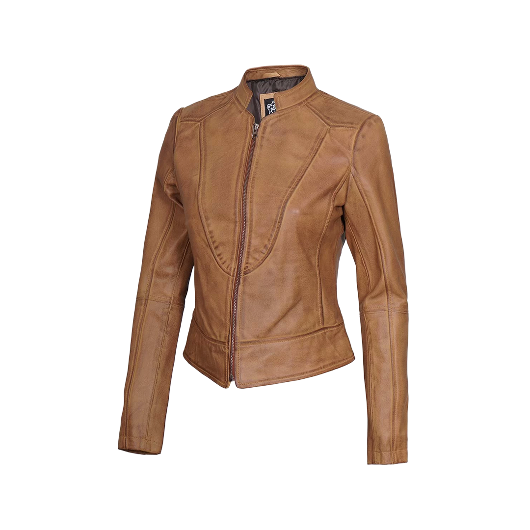 Women's Camel Brown Cafe Racer Leather Jacket