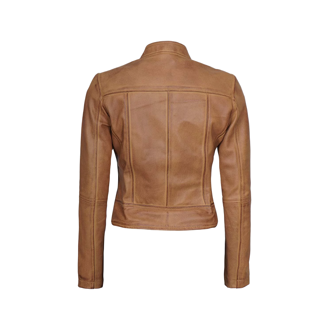 Women's Camel Brown Cafe Racer Leather Jacket