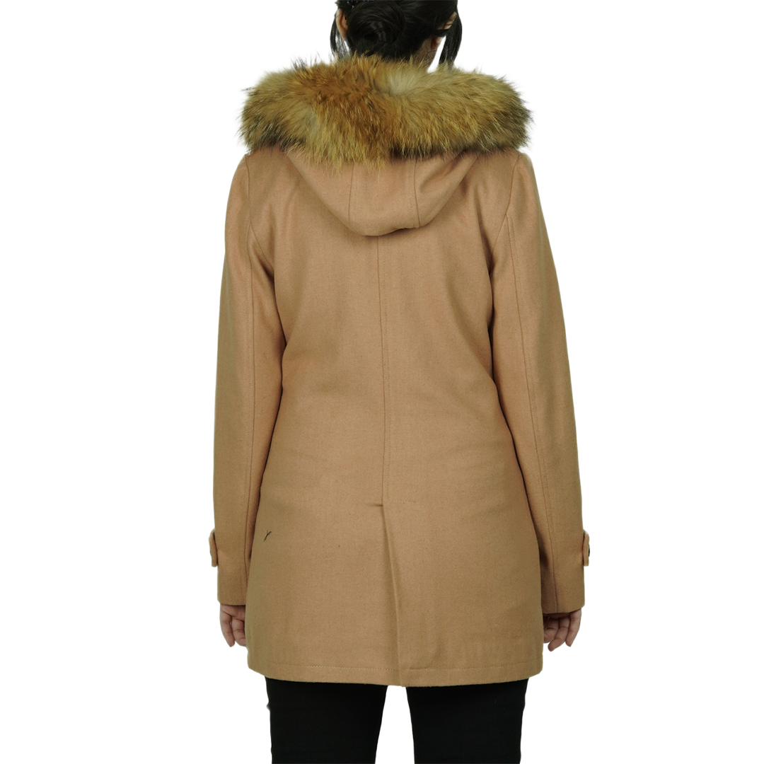 Women's Camel Brown Fur Hooded Wool Coat