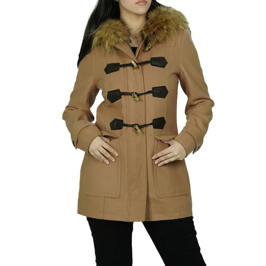 Women's Camel Brown Fur Hooded Wool Coat