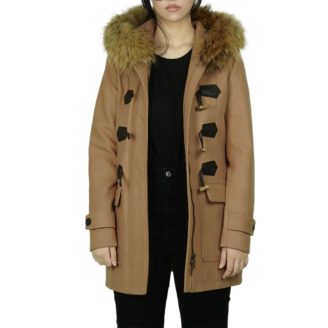 Women's Camel Brown Fur Hooded Wool Coat