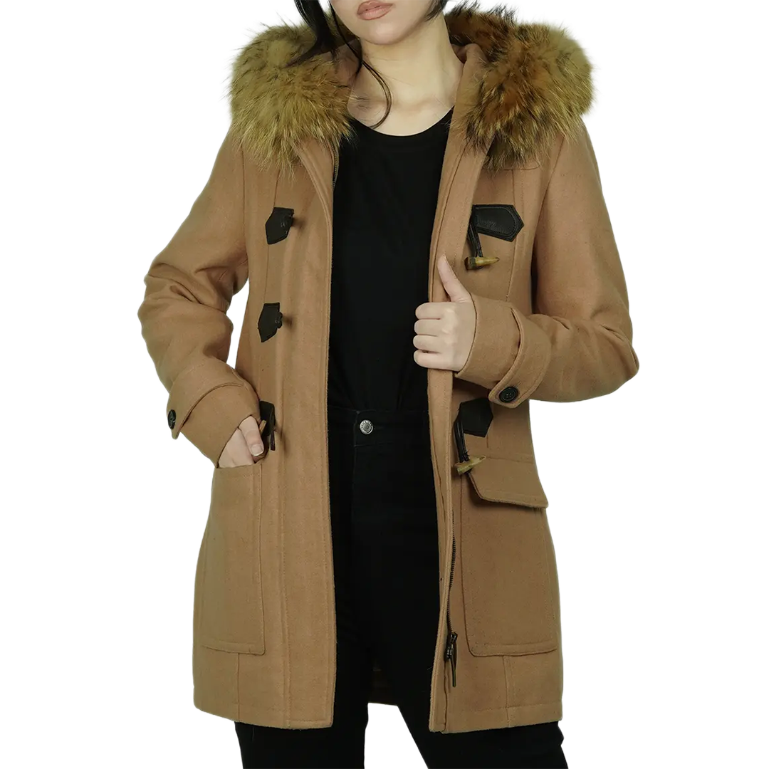 Women's Camel Brown Fur Hooded Wool Coat