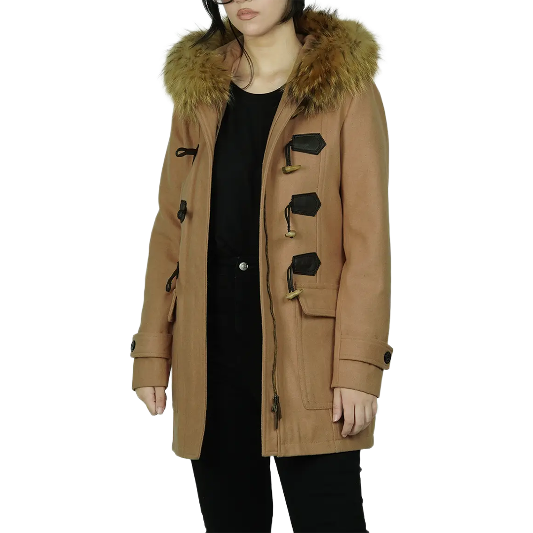 Women's Camel Brown Fur Hooded Wool Coat