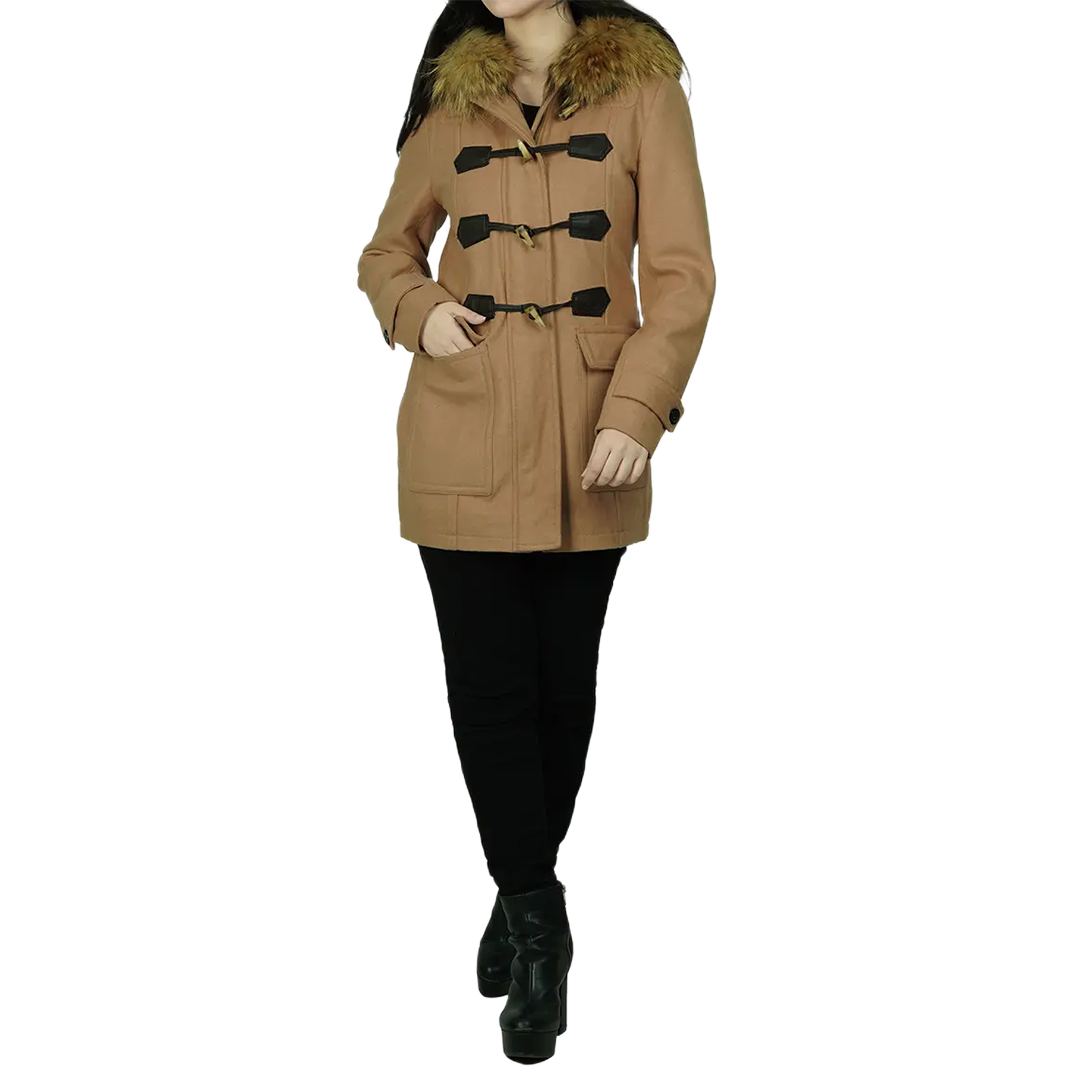 Women's Camel Brown Fur Hooded Wool Coat