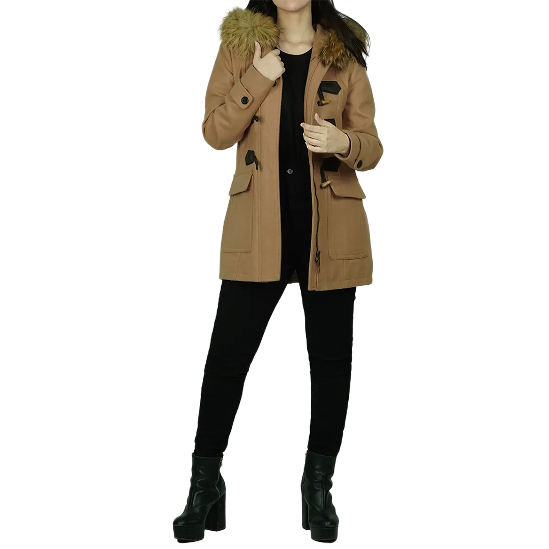 Women's Camel Brown Fur Hooded Wool Coat