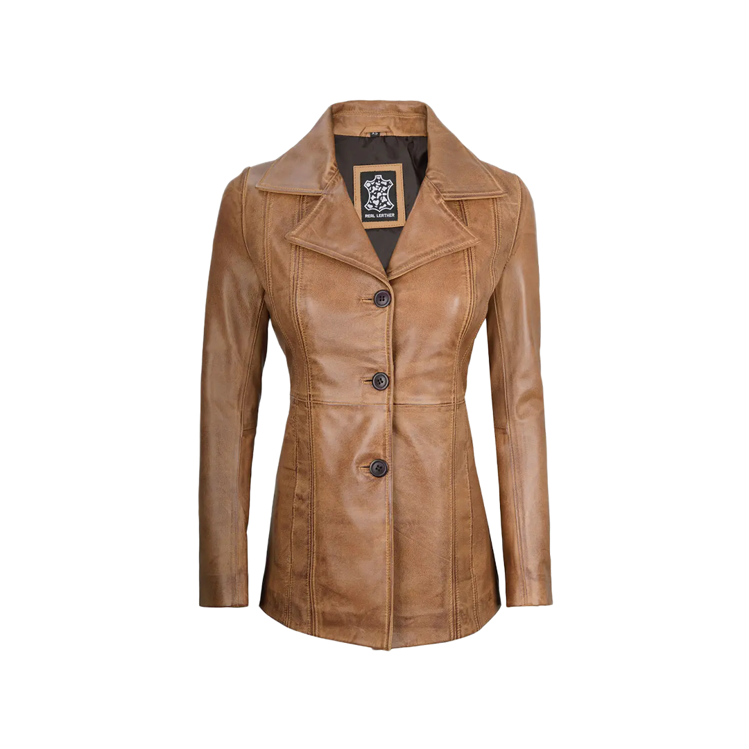 Women's Three Button Camel Brown Real Leather Blazer