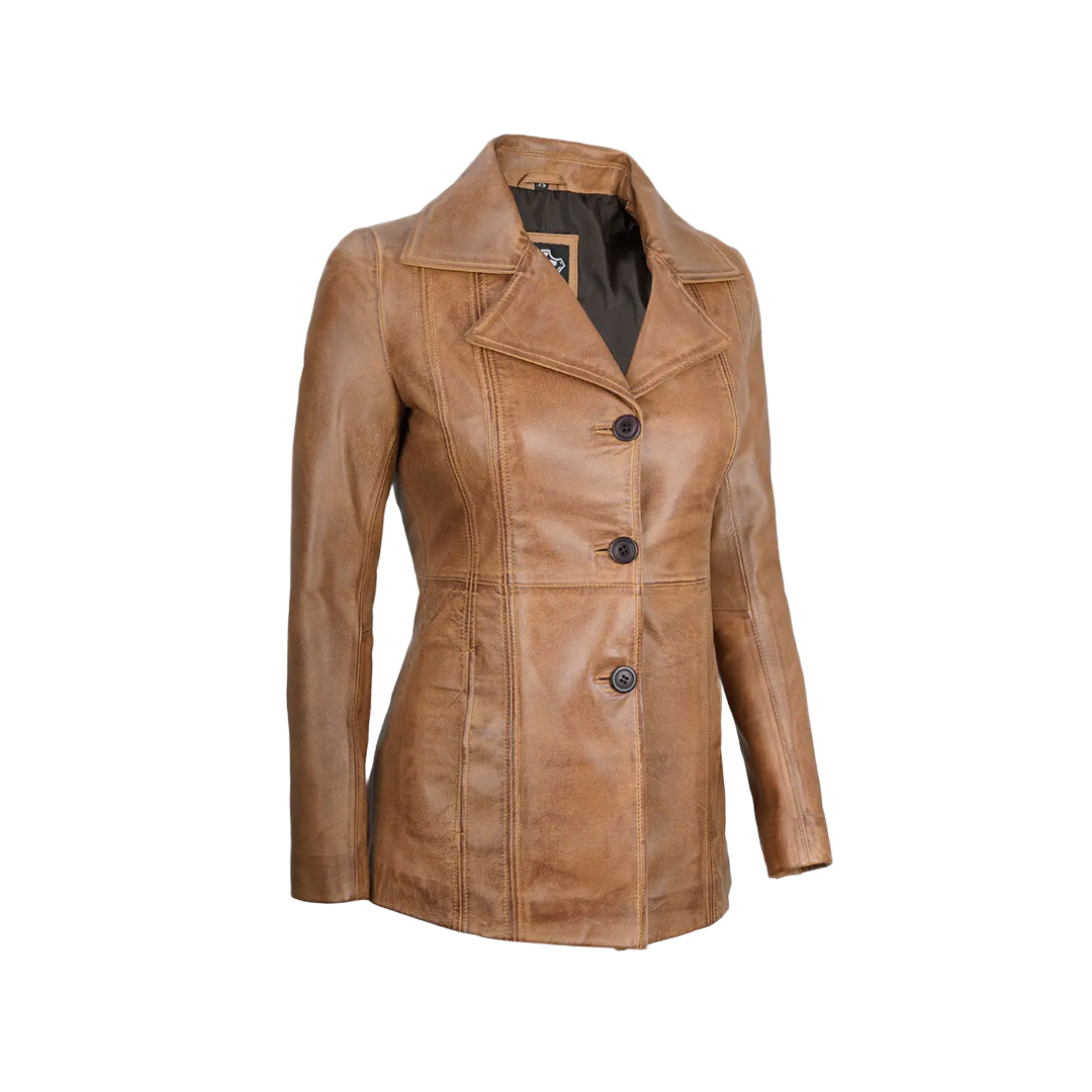 Women's Three Button Camel Brown Real Leather Blazer