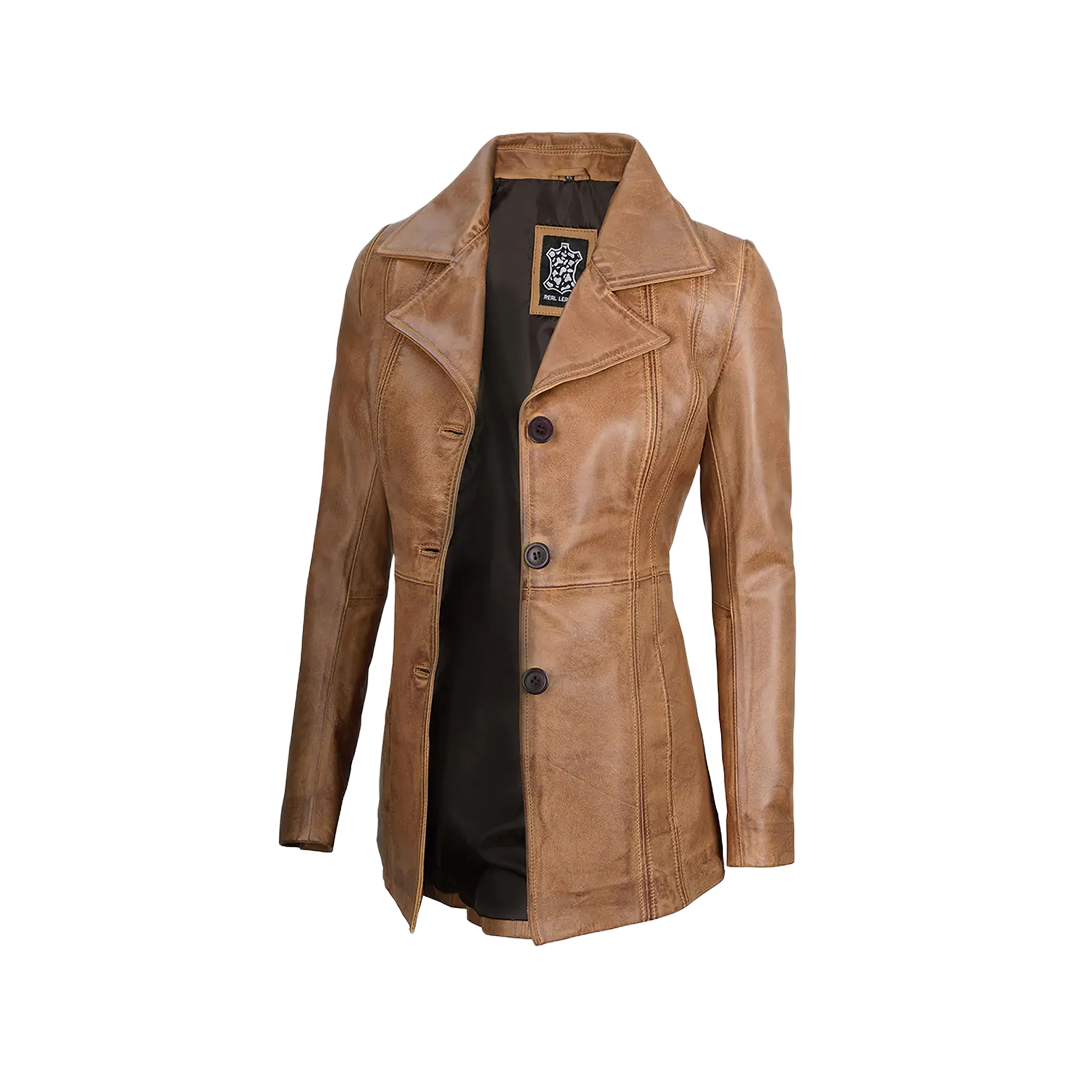 Women's Three Button Camel Brown Real Leather Blazer