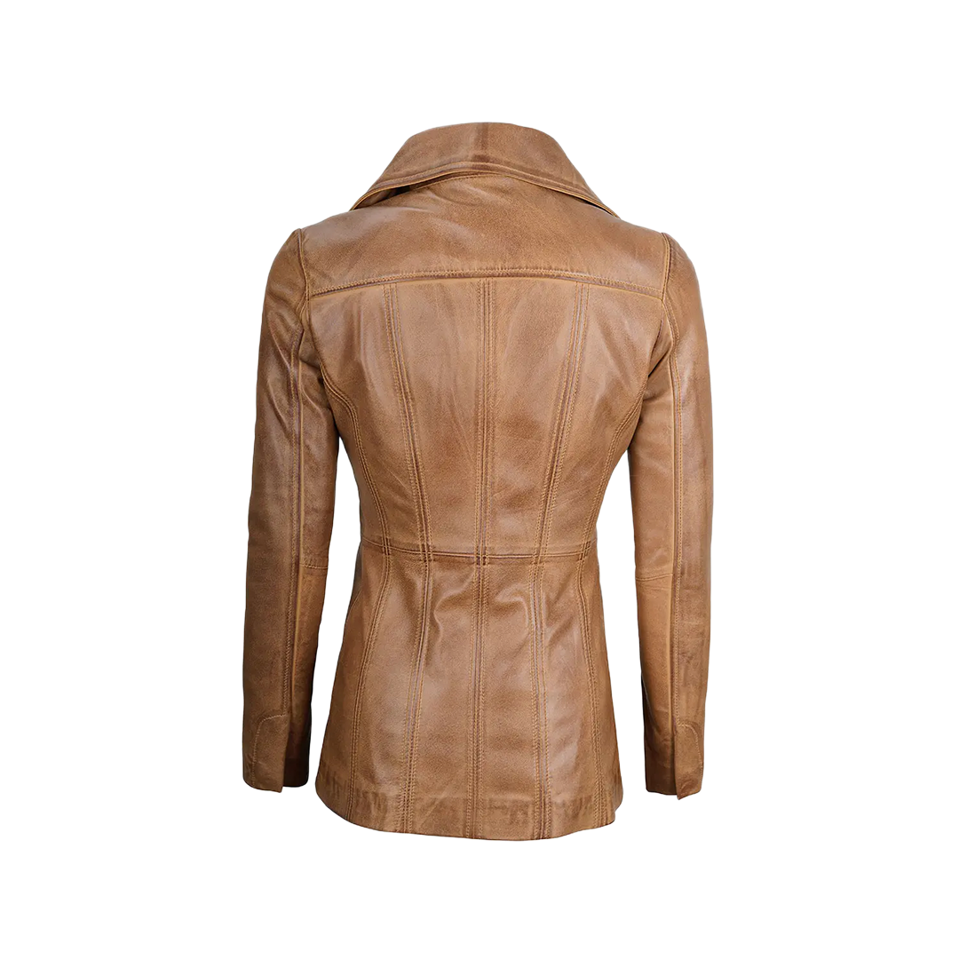 Women's Three Button Camel Brown Real Leather Blazer