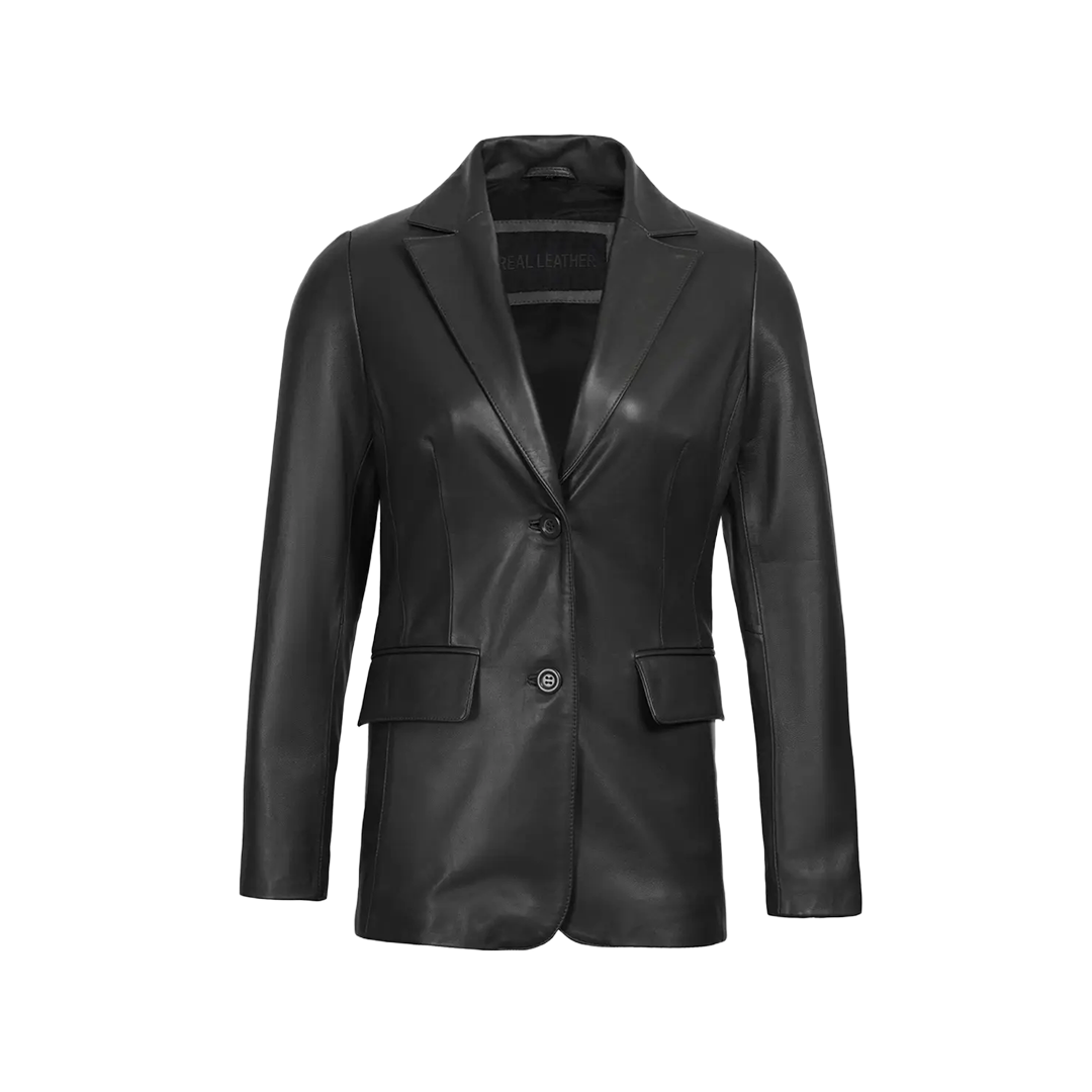 Women's Classic Black Leather Blazer Jacket - Two Button