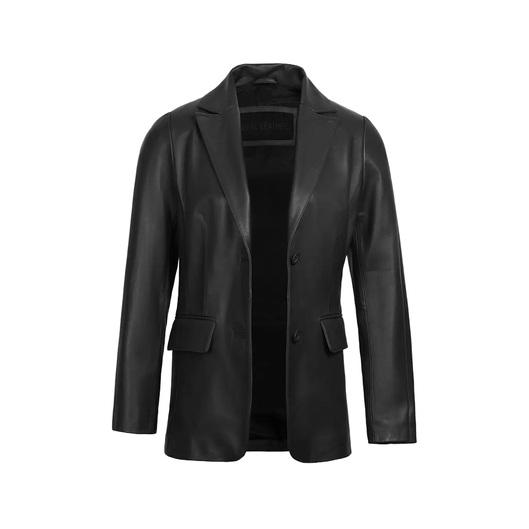 Women's Classic Black Leather Blazer Jacket - Two Button