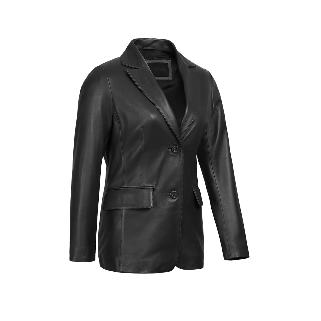 Women's Classic Black Leather Blazer Jacket - Two Button