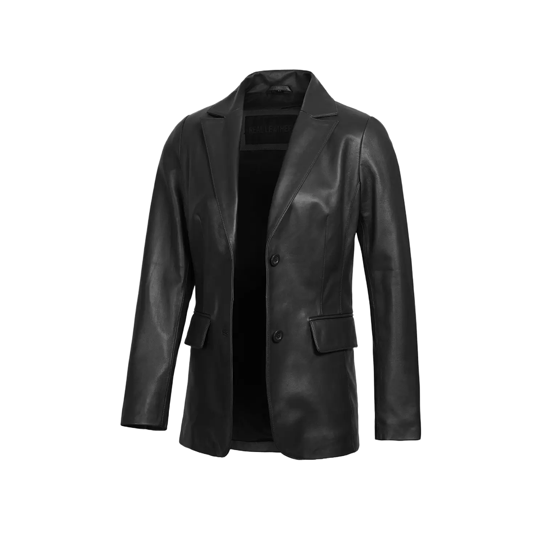 Women's Classic Black Leather Blazer Jacket - Two Button