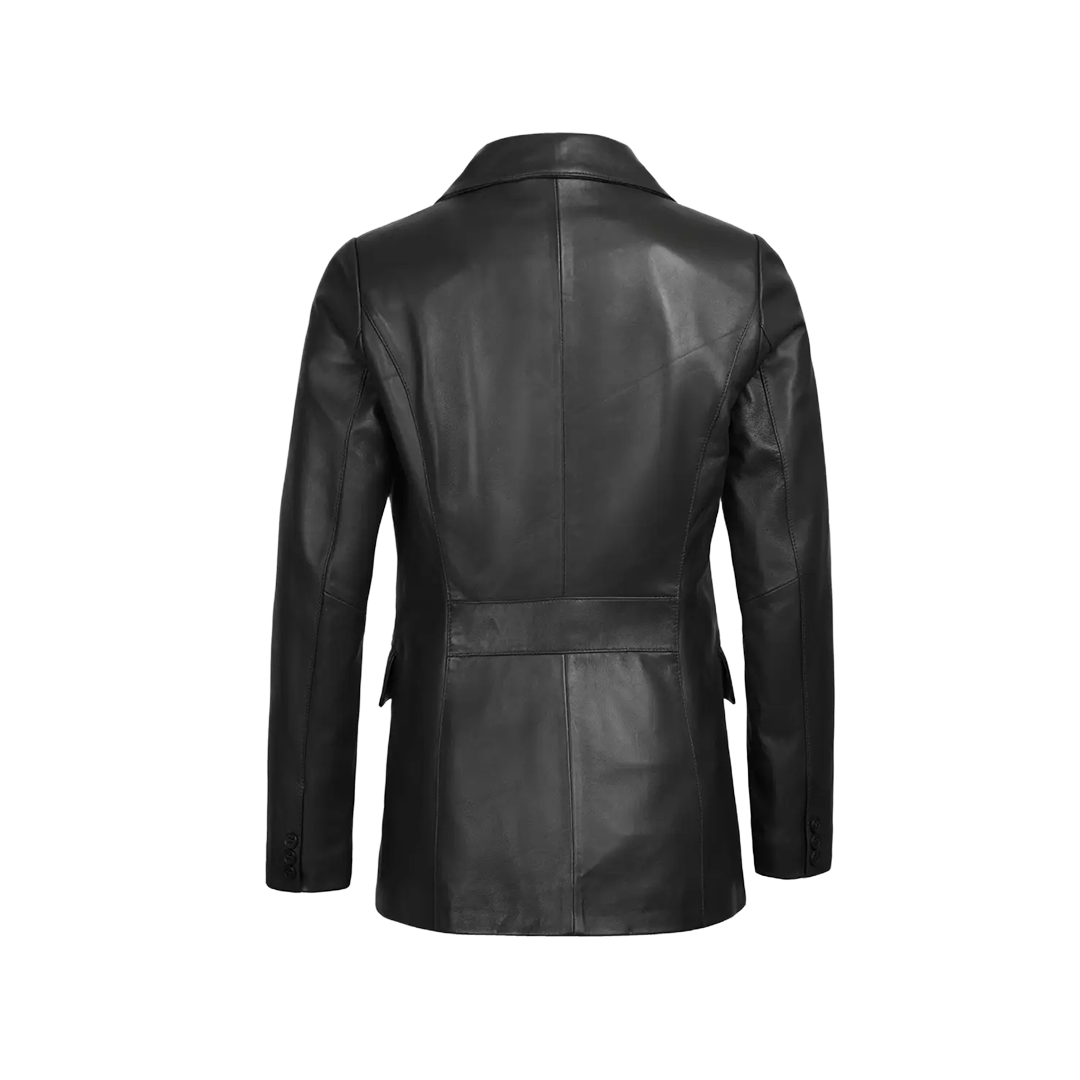 Women's Classic Black Leather Blazer Jacket - Two Button