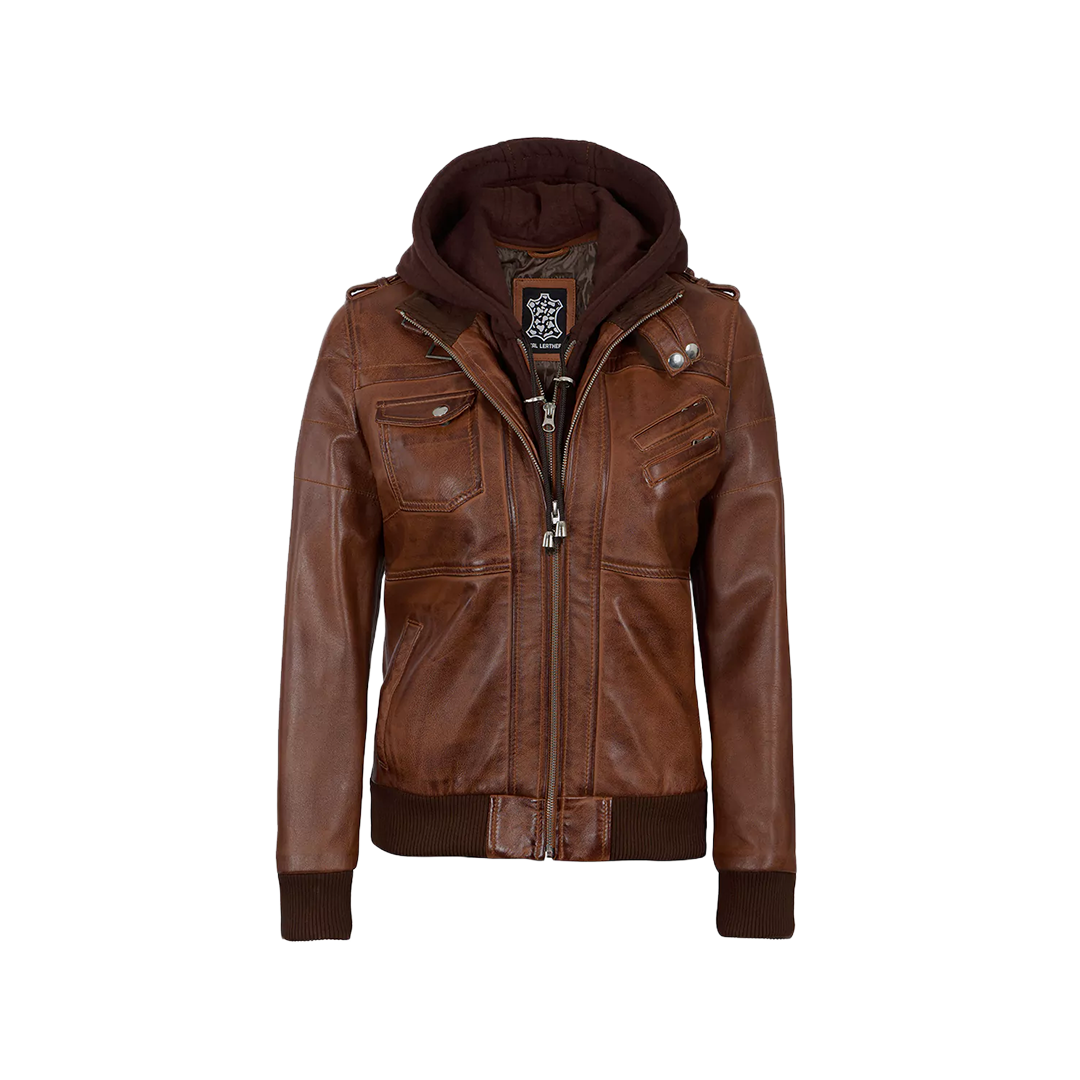 Women's Bomber Cognac Brown Leather Jacket with Removeable Hood