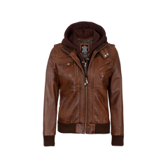 Women's Bomber Cognac Brown Leather Jacket with Removable Hood
