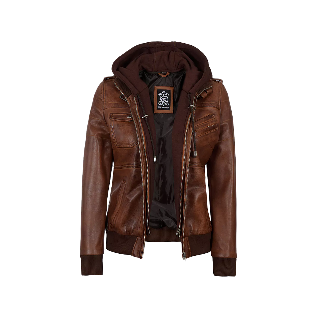 Women's Bomber Cognac Brown Leather Jacket with Removeable Hood