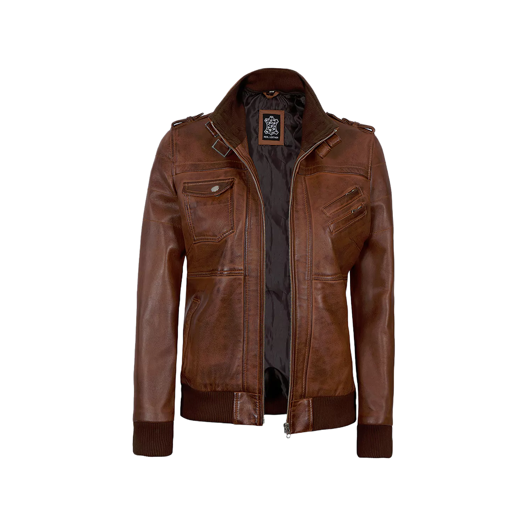Women's Bomber Cognac Brown Leather Jacket with Removeable Hood