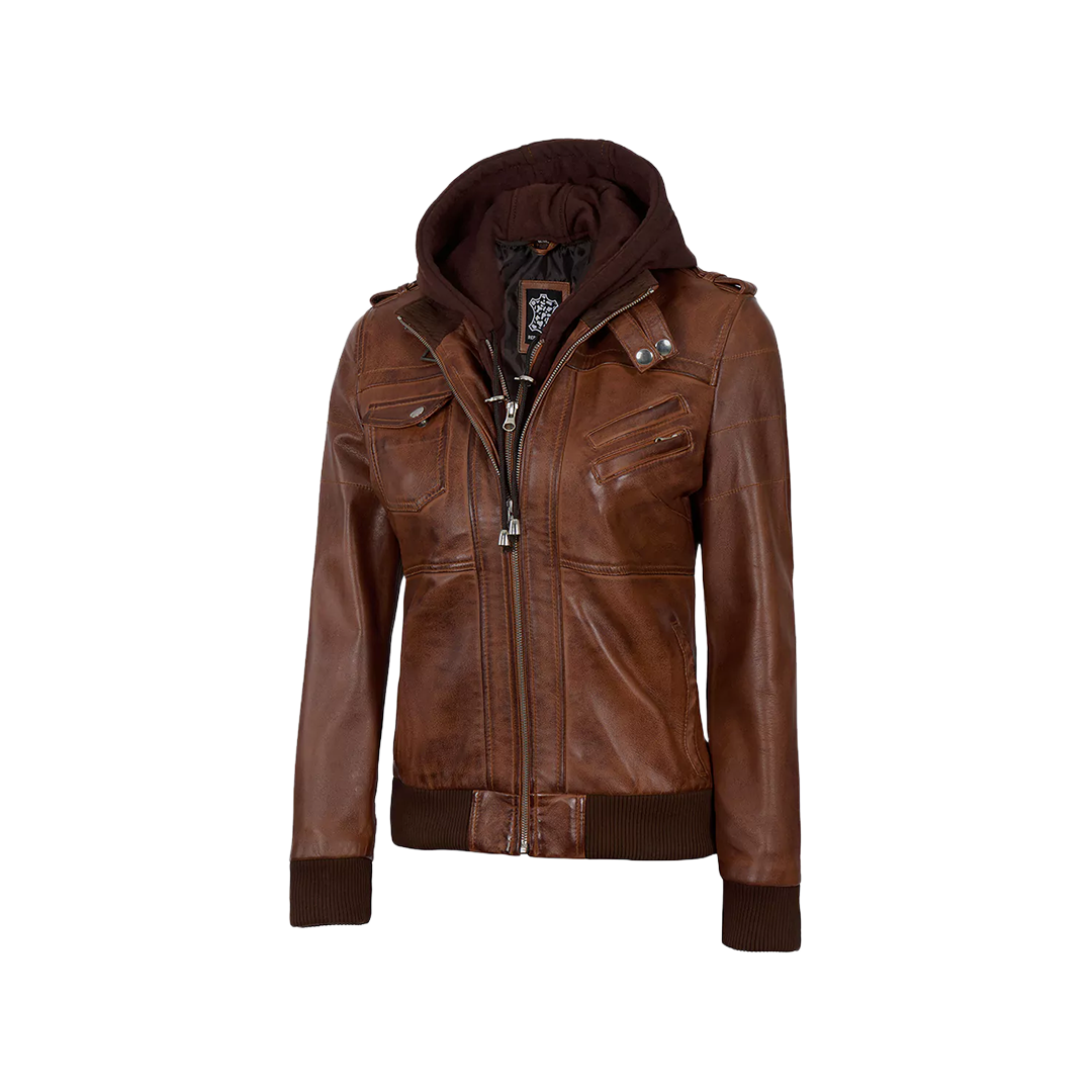 Women's Bomber Cognac Brown Leather Jacket with Removeable Hood
