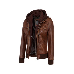 Women's Bomber Cognac Brown Leather Jacket with Removable Hood