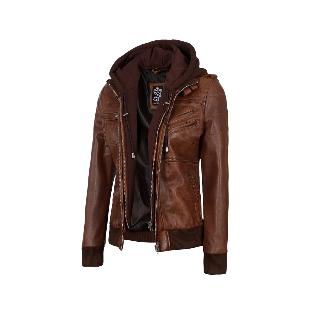 Women's Bomber Cognac Brown Leather Jacket with Removeable Hood