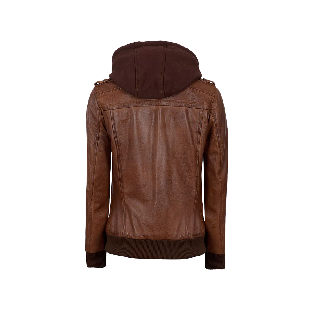 Women's Bomber Cognac Brown Leather Jacket with Removeable Hood