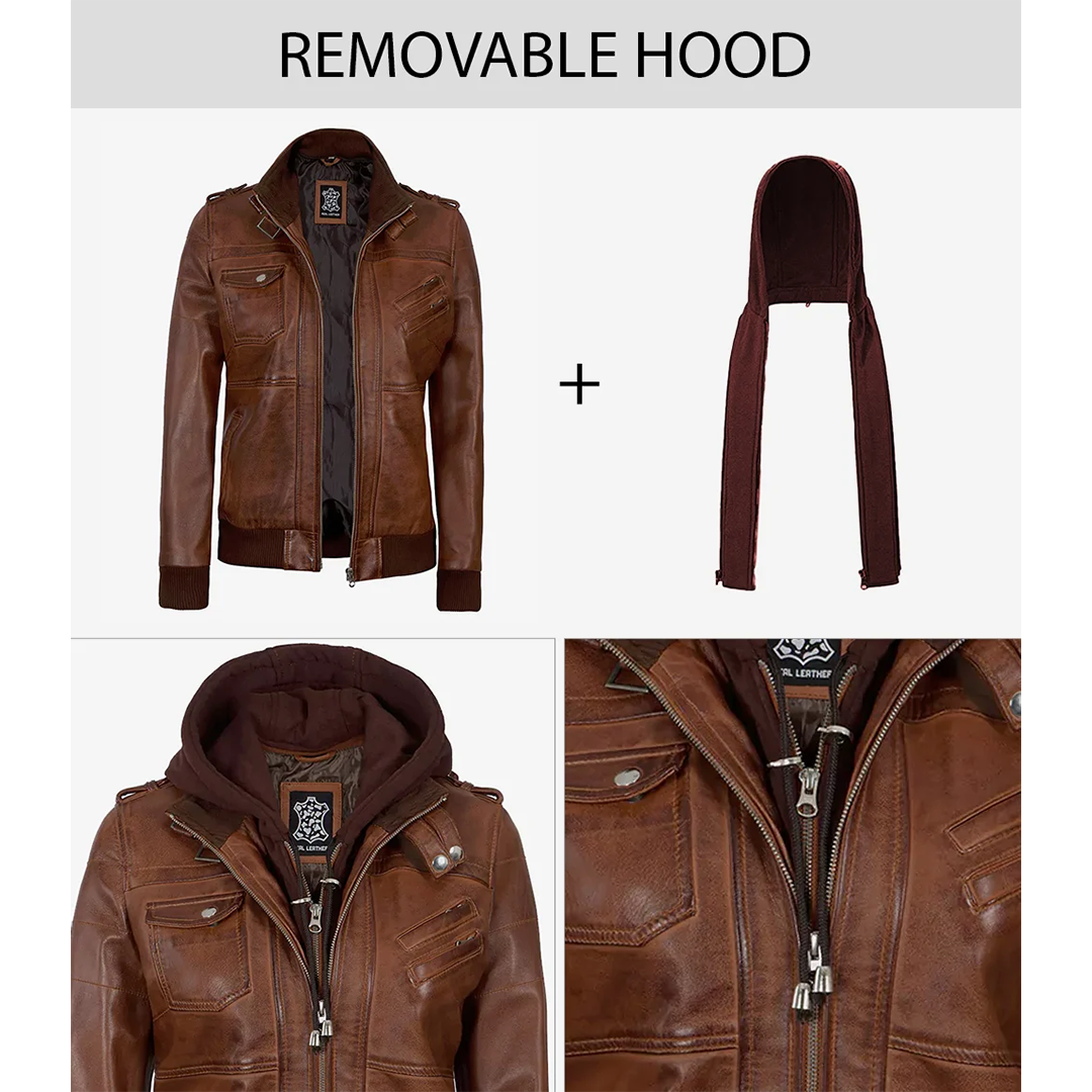 Women's Bomber Cognac Brown Leather Jacket with Removable Hood