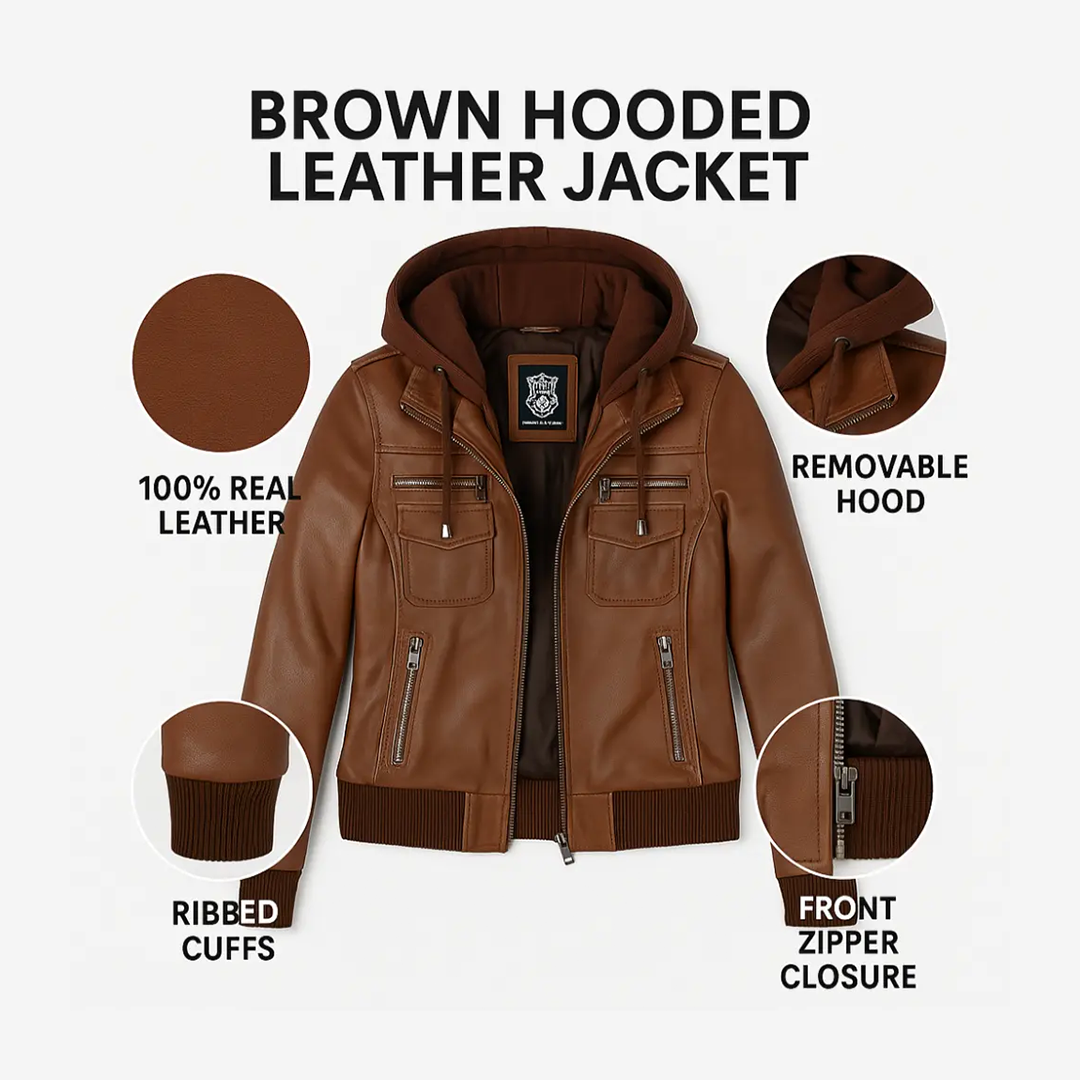 Women's Bomber Cognac Brown Leather Jacket with Removeable Hood
