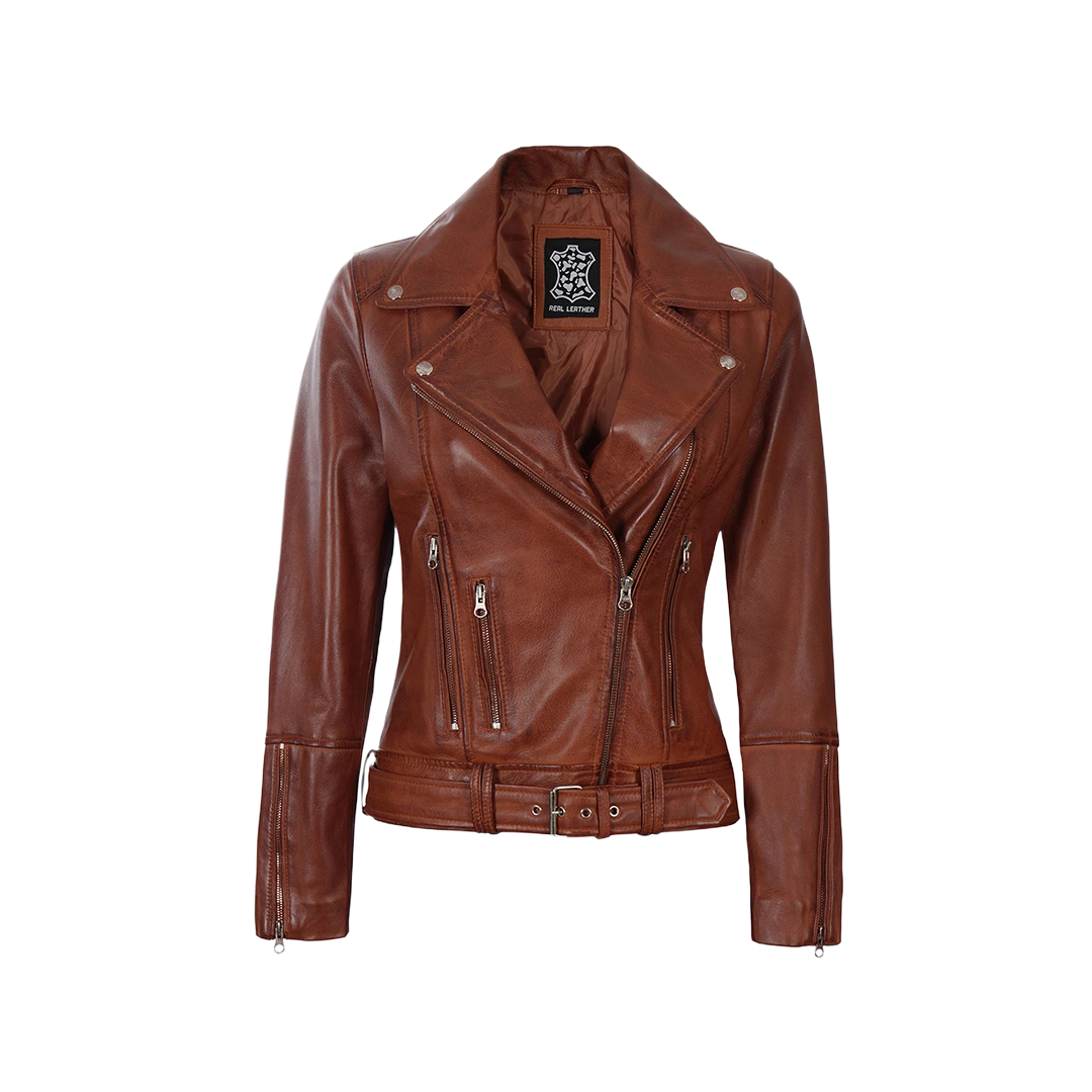 Women's Cognac Brown Leather Biker Jacket