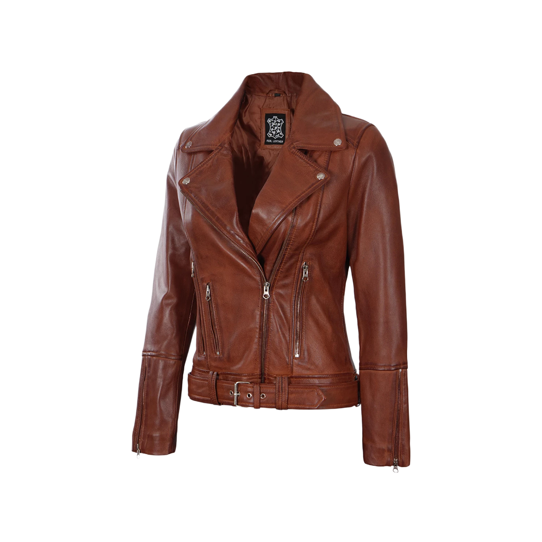Women's Cognac Brown Leather Biker Jacket