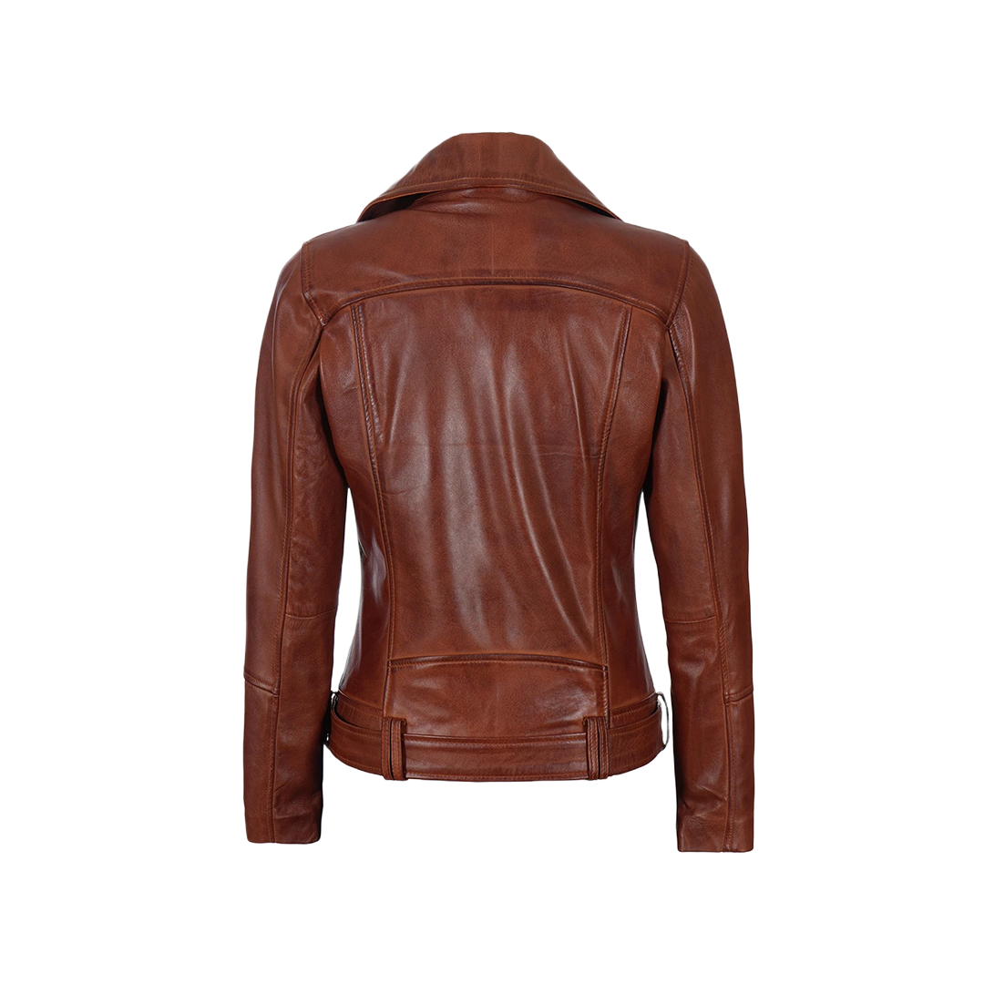 Women's Cognac Brown Leather Biker Jacket