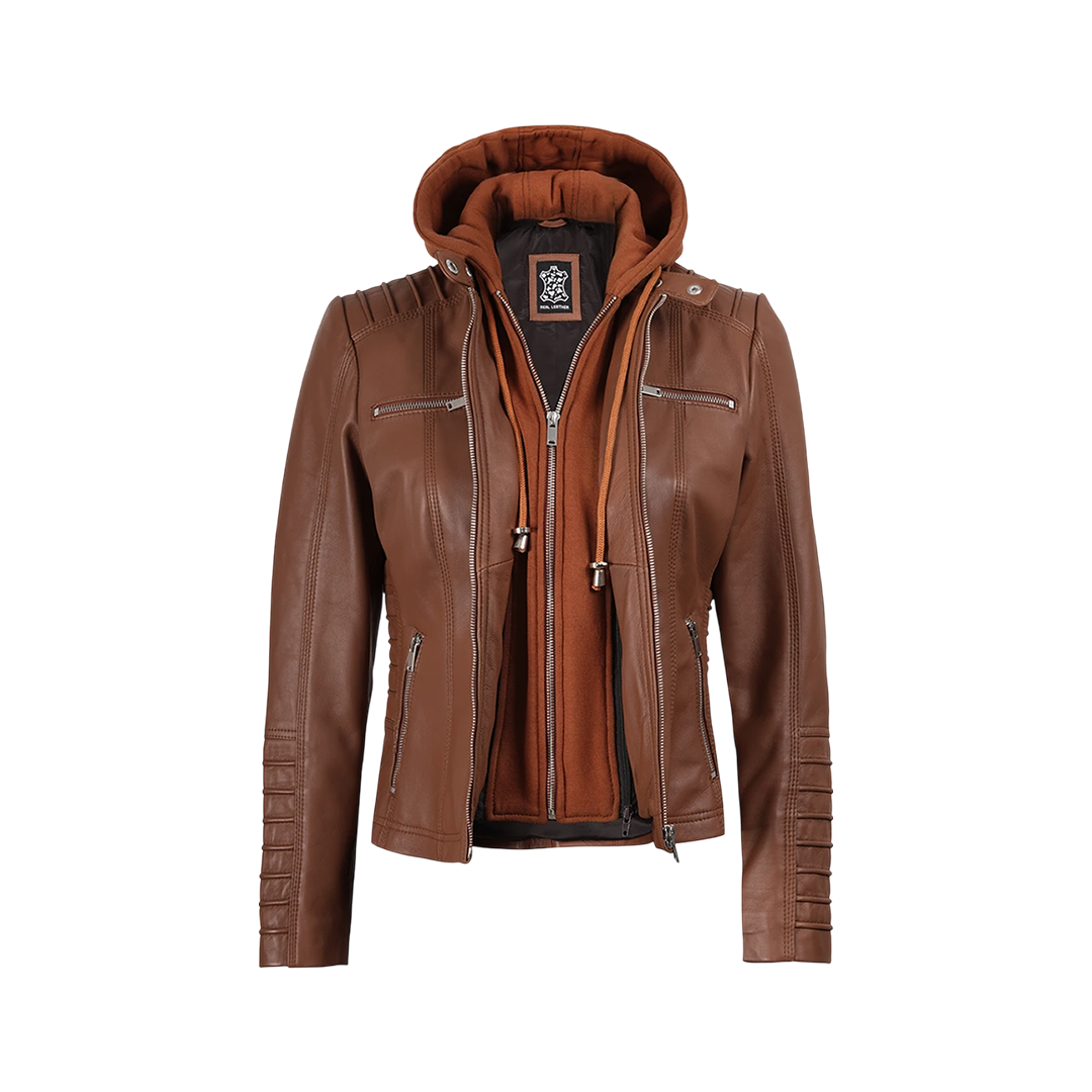 Women's Cognac Brown Leather Jacket With Removable Hood