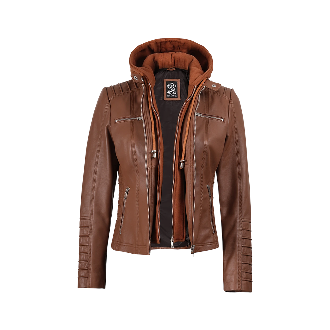 Women's Cognac Brown Leather Jacket With Removable Hood