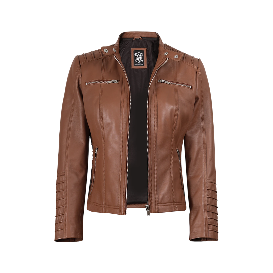 Women's Cognac Brown Leather Jacket With Removable Hood
