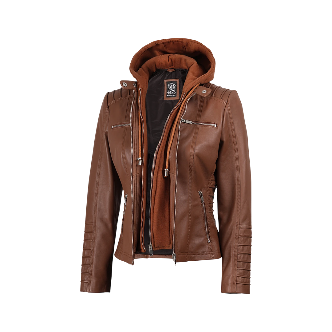 Women's Cognac Brown Leather Jacket With Removable Hood