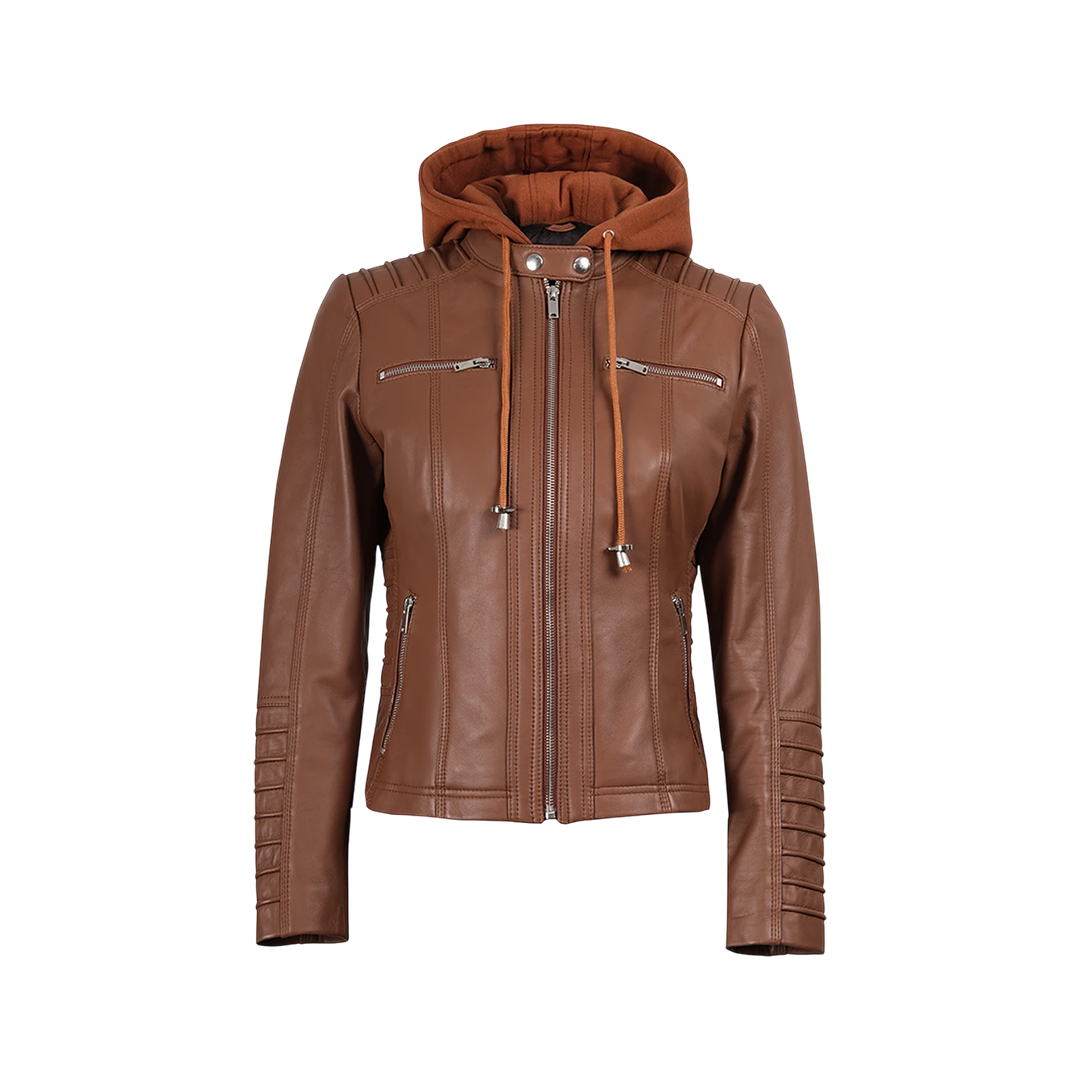Women's Cognac Brown Leather Jacket With Removable Hood