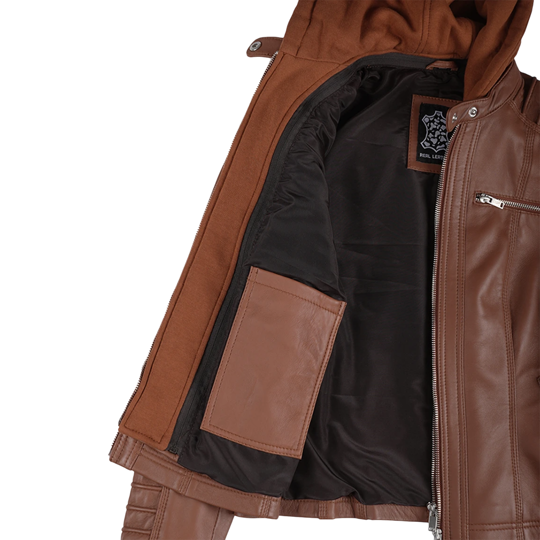 Women's Cognac Brown Leather Jacket With Removable Hood