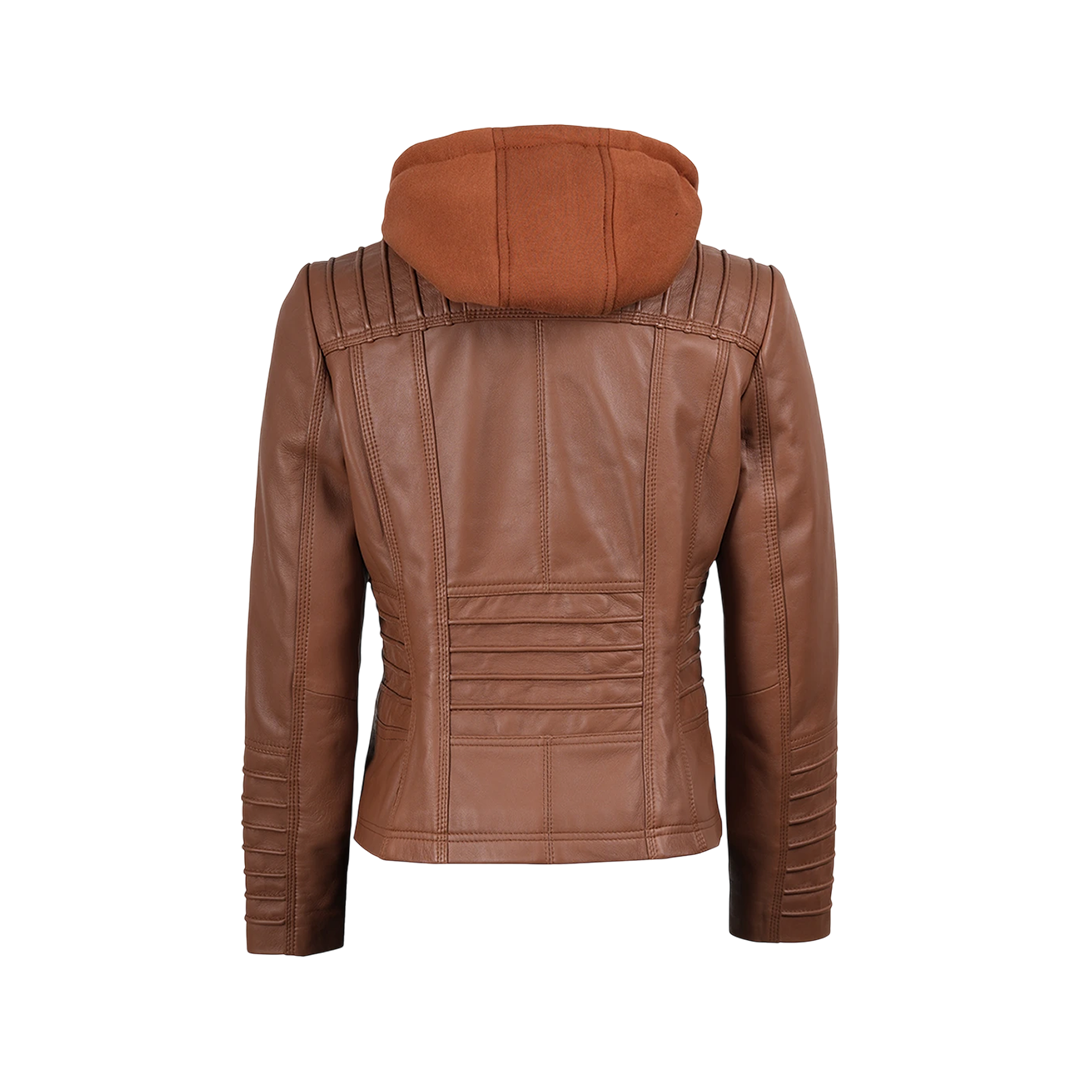Women's Cognac Brown Leather Jacket With Removable Hood