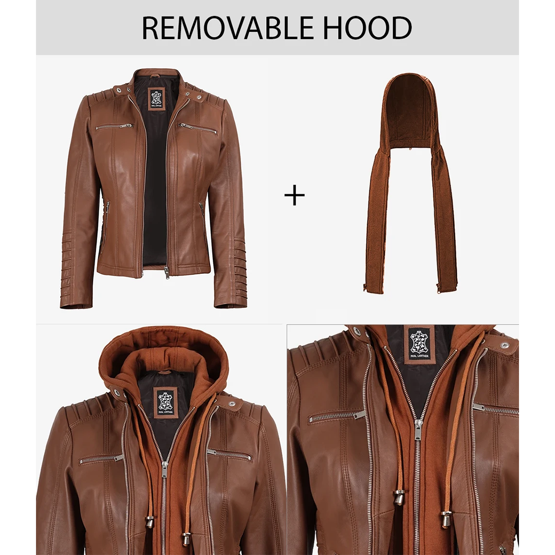 Women's Cognac Brown Leather Jacket With Removable Hood