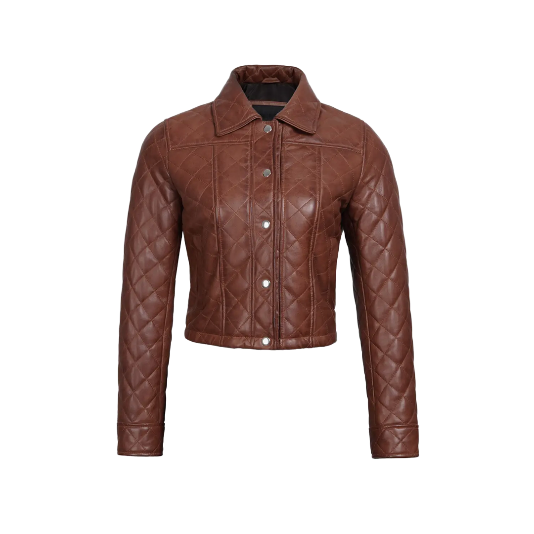 Women's Cognac Brown Quilted Cropped Leather Jacket