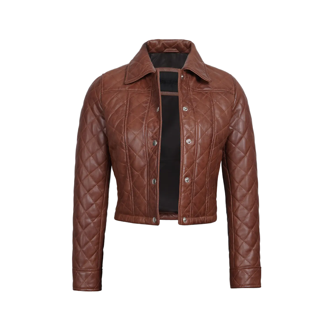 Women's Cognac Brown Quilted Cropped Leather Jacket