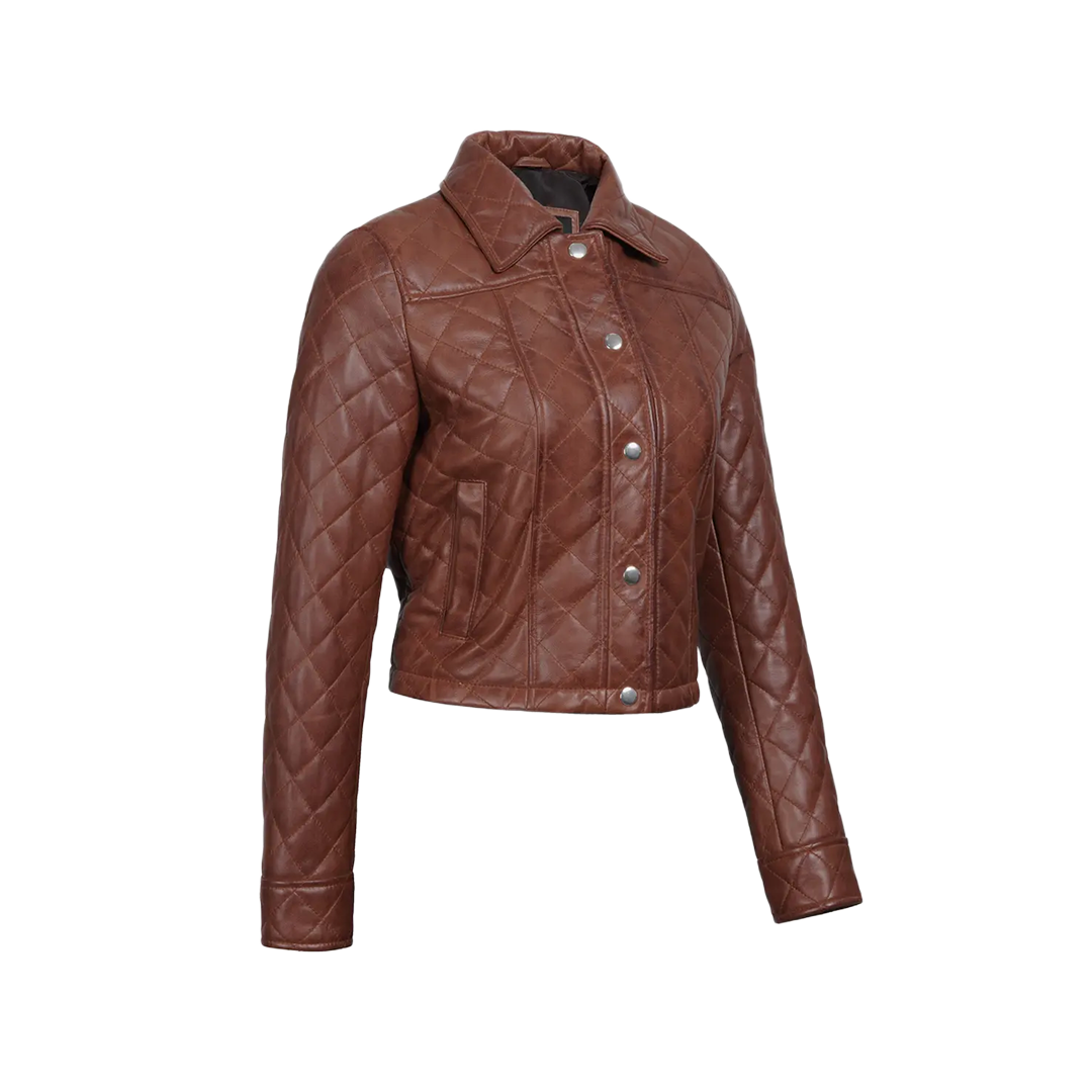 Women's Cognac Brown Quilted Cropped Leather Jacket