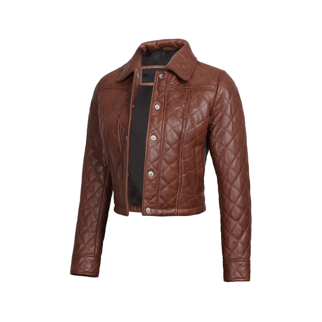 Women's Cognac Brown Quilted Cropped Leather Jacket