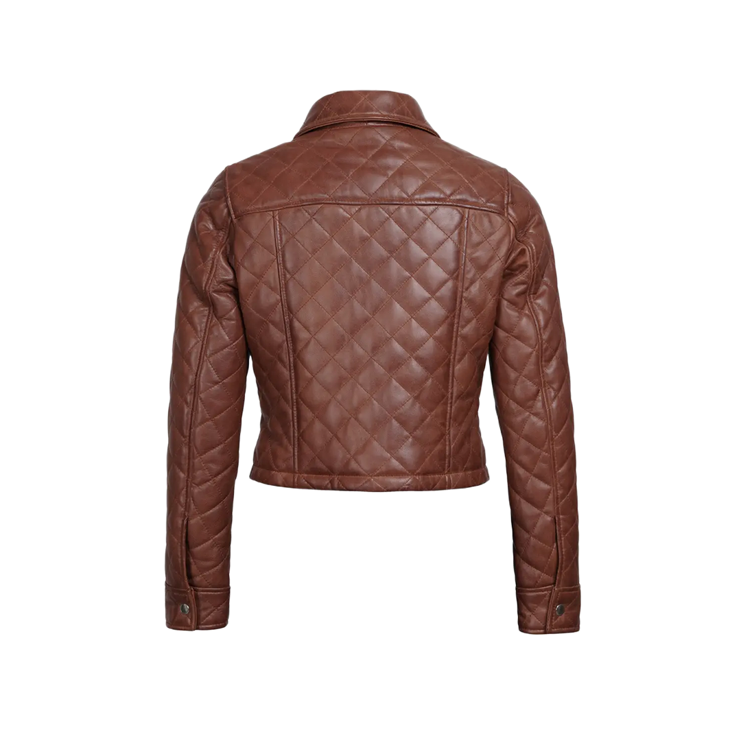 Women's Cognac Brown Quilted Cropped Leather Jacket