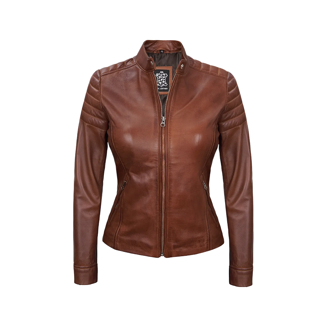 Women's Cognac Brown Cafe Racer Leather Jacket