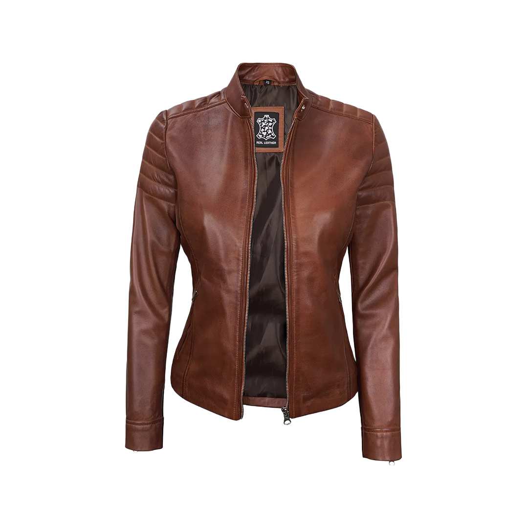 Women's Cognac Brown Cafe Racer Leather Jacket