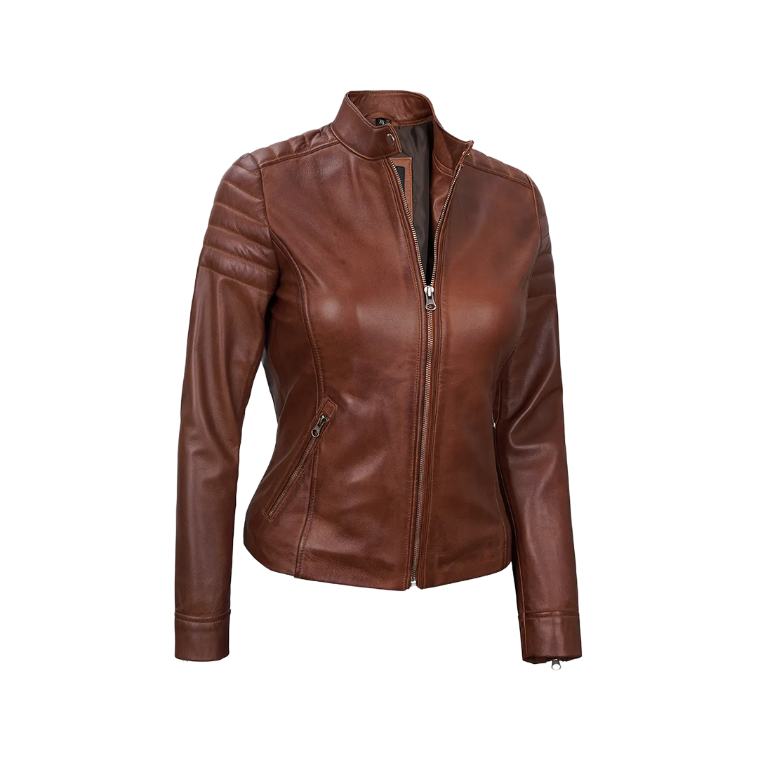 Women's Cognac Brown Cafe Racer Leather Jacket